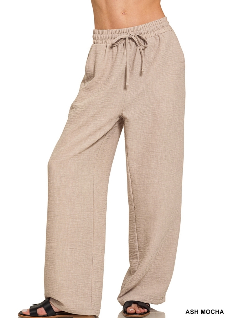 New Zenana Ash Mocha Woven Crepe Pants